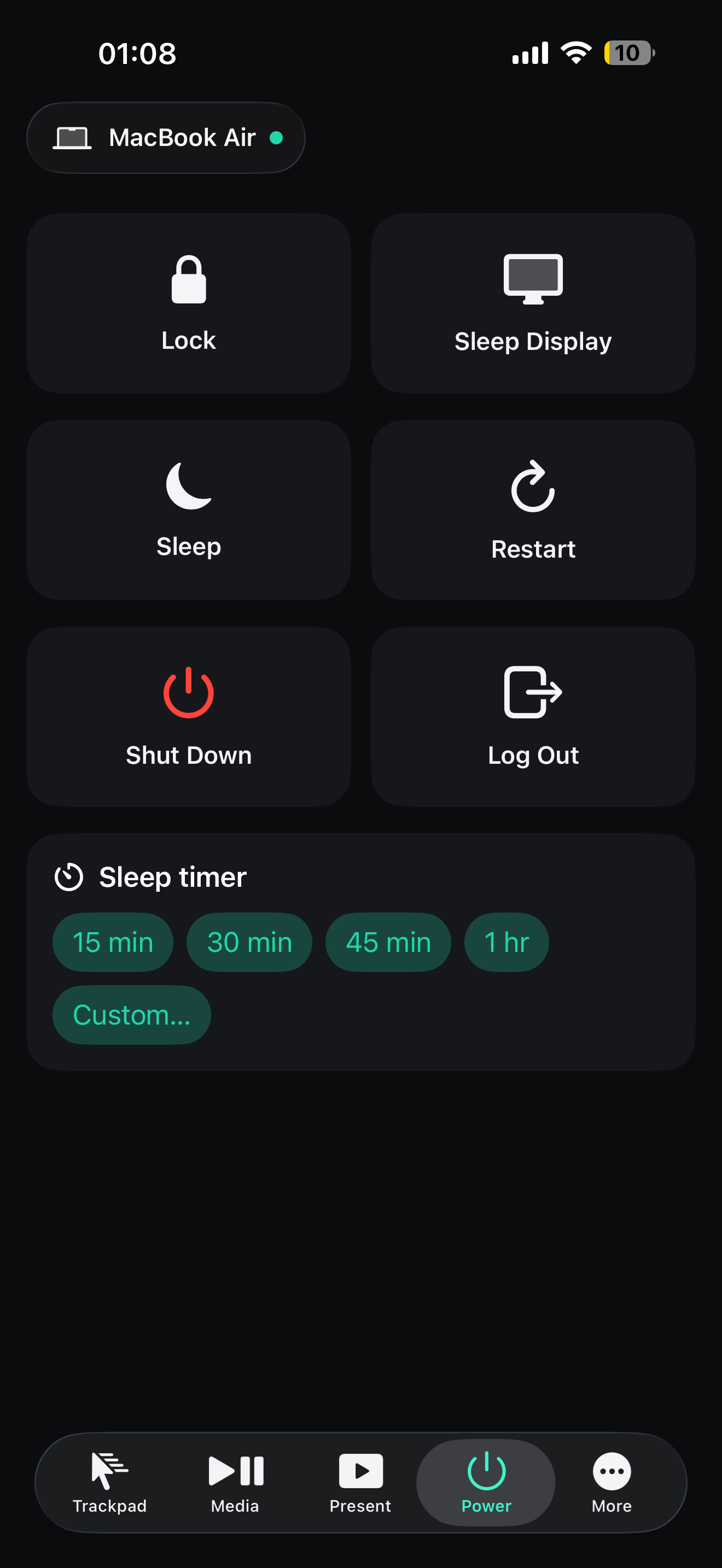 Pilot Power screen with Lock, Sleep Display, Sleep and sleep timer presets