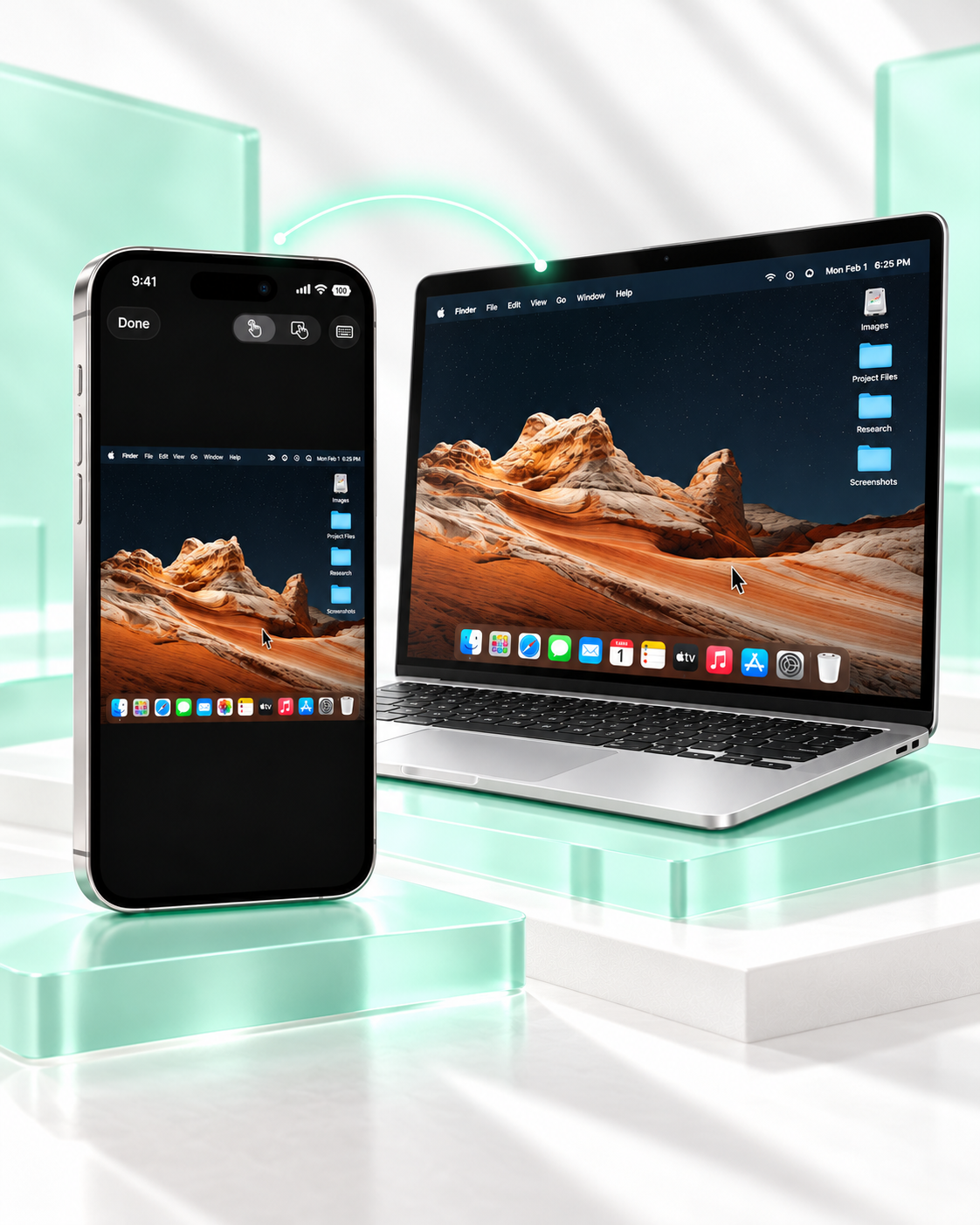 Pilot Screen View displaying a Mac desktop on iPhone